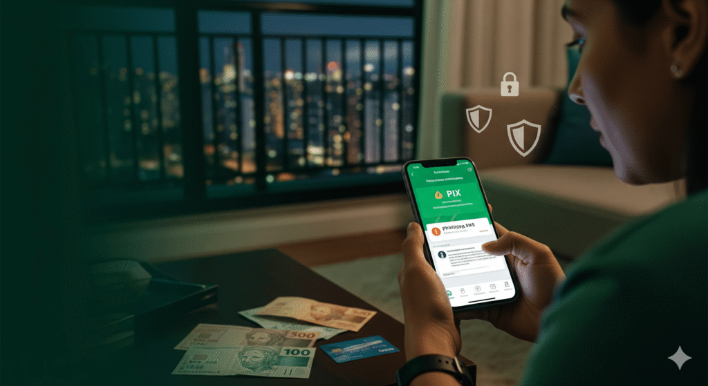 Pessoa segura celular com alerta de fraude bancária e mensagem suspeita de Pix
